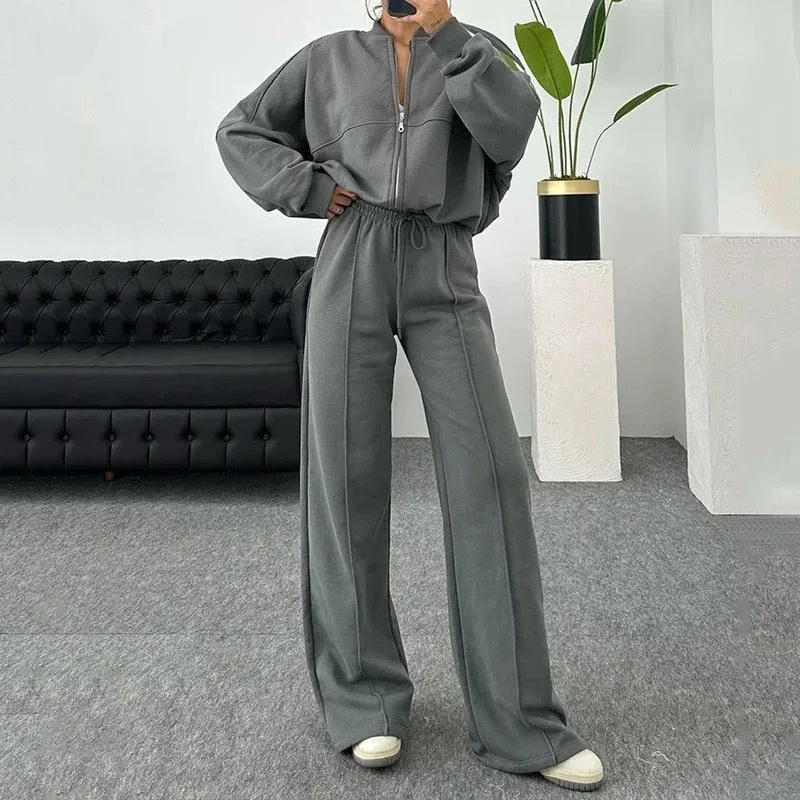 Dames Tweedelig Set – Relaxte Pasvorm – Zacht Stretchmateriaal – Wijde Pijpen – Ziptop