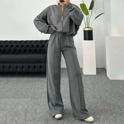 Dames Tweedelig Set – Relaxte Pasvorm – Zacht Stretchmateriaal – Wijde Pijpen – Ziptop