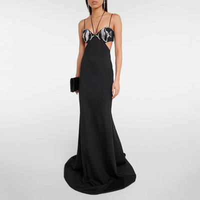 Dames Avondjurk – Slim Fit – Spaghettibandjes – Strass – Cut-Outs – Luxe Glansstof