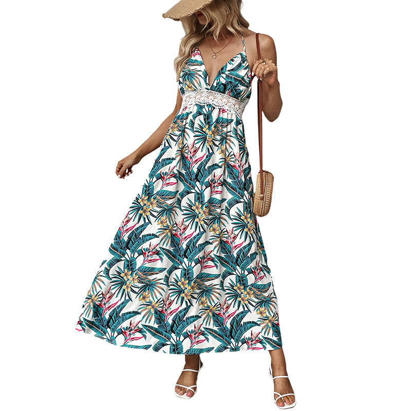 Dames Jurk – Halternek – A-lijn Pasvorm – Midi – Ademend – Botanische Print