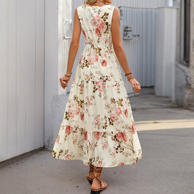Dames Maxi Jurk – A-lijn Pasvorm – Bloemenprint – V-hals Kant – Taillekoord