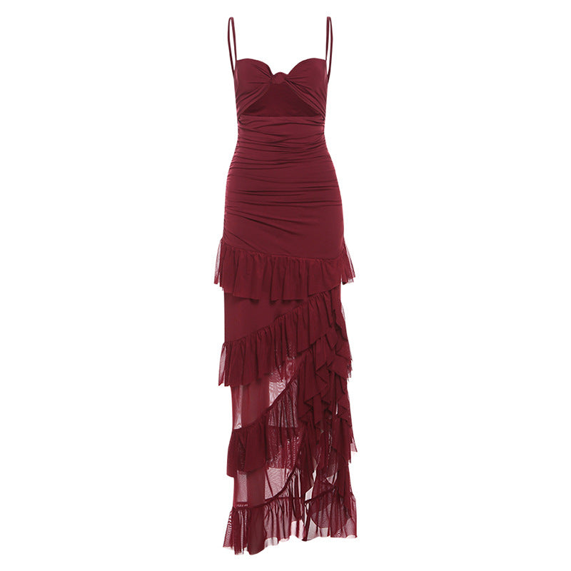 Dames Jurk – Slim Fit – Cut-Out Hals – Ruches – Ruffles – Spaghettiband – Lange Split