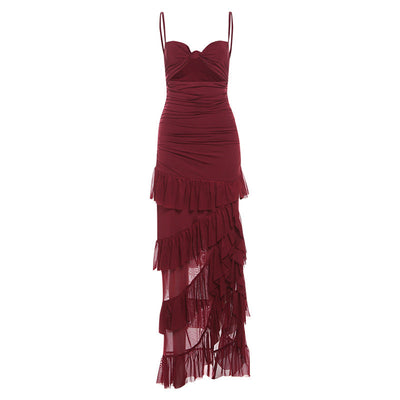 Dames Jurk – Slim Fit – Cut-Out Hals – Ruches – Ruffles – Spaghettiband – Lange Split