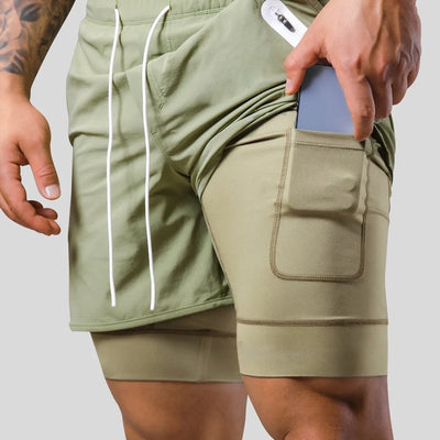 Heren sportshort – 2-in-1 design – ademende stof – compressie binnenbroek – zak met ritssluiting