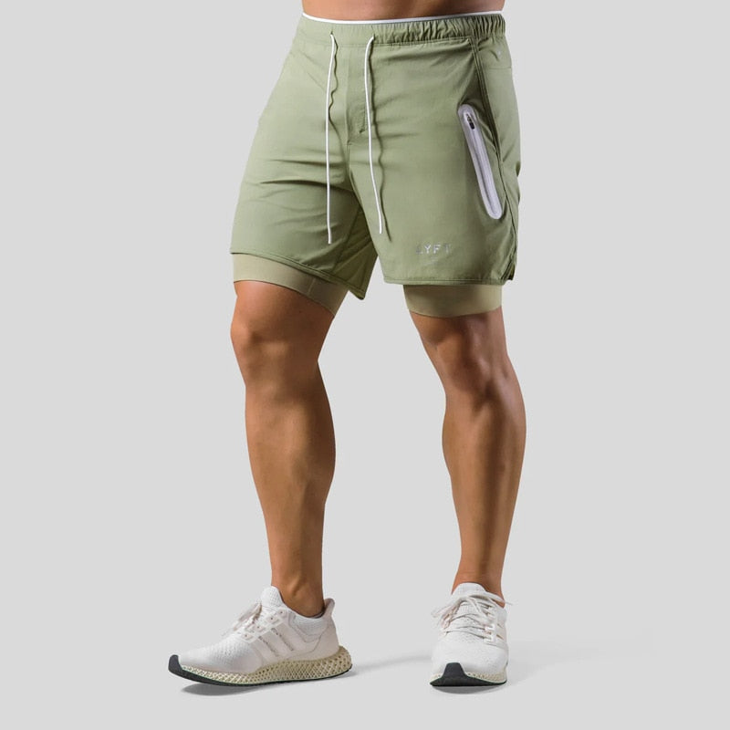 Heren sportshort – 2-in-1 design – ademende stof – compressie binnenbroek – zak met ritssluiting