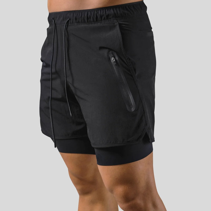 Heren sportshort – 2-in-1 design – ademende stof – compressie binnenbroek – zak met ritssluiting