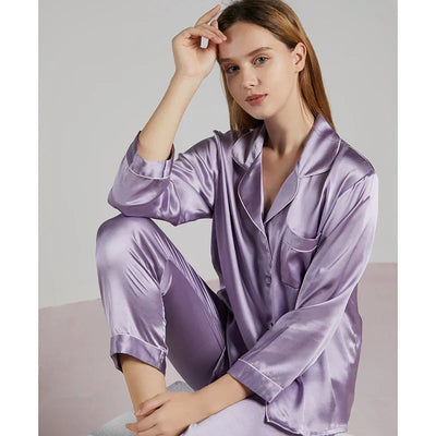 Damespyjama – Luxe Stof – Losse Pasvorm – Doorknoop – Lange Mouwen – Elastische Taille