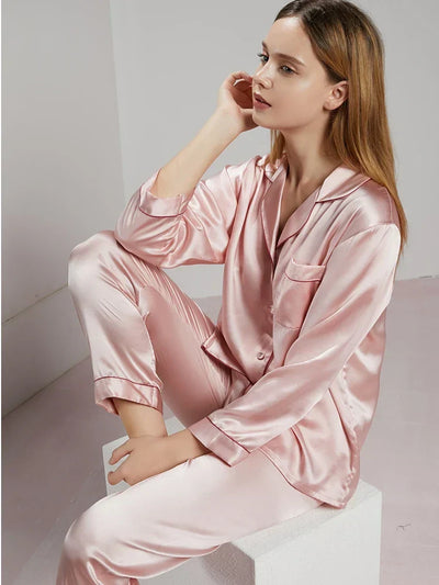 Damespyjama – Luxe Stof – Losse Pasvorm – Doorknoop – Lange Mouwen – Elastische Taille