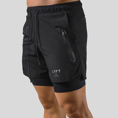 Heren sportshort – 2-in-1 design – ademende stof – compressie binnenbroek – zak met ritssluiting