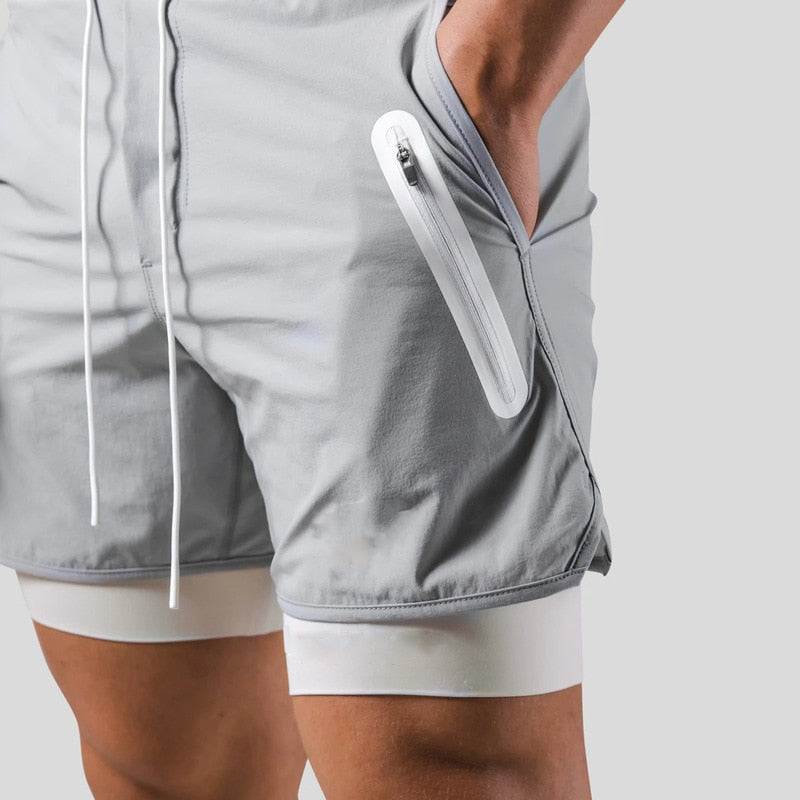 Heren sportshort – 2-in-1 design – ademende stof – compressie binnenbroek – zak met ritssluiting