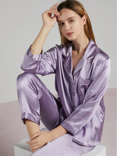 Damespyjama – Luxe Stof – Losse Pasvorm – Doorknoop – Lange Mouwen – Elastische Taille