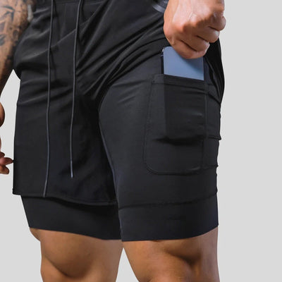 Heren sportshort – 2-in-1 design – ademende stof – compressie binnenbroek – zak met ritssluiting