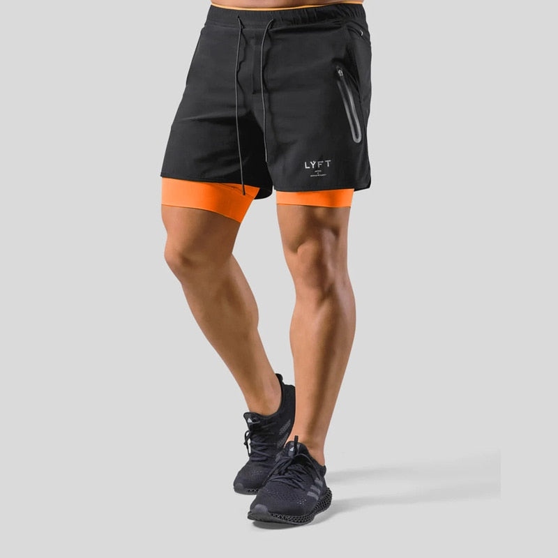 Heren sportshort – 2-in-1 design – ademende stof – compressie binnenbroek – zak met ritssluiting