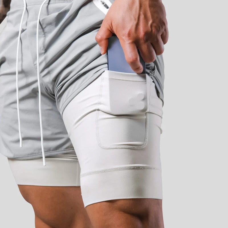 Heren sportshort – 2-in-1 design – ademende stof – compressie binnenbroek – zak met ritssluiting