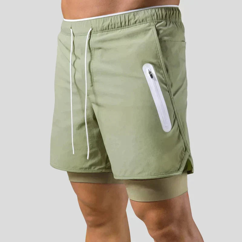 Heren sportshort – 2-in-1 design – ademende stof – compressie binnenbroek – zak met ritssluiting