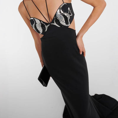 Dames Avondjurk – Slim Fit – Spaghettibandjes – Strass – Cut-Outs – Luxe Glansstof