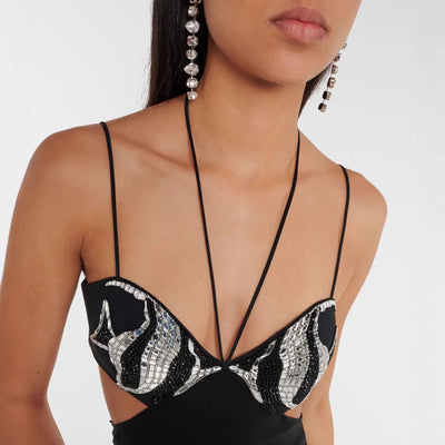 Dames Avondjurk – Slim Fit – Spaghettibandjes – Strass – Cut-Outs – Luxe Glansstof