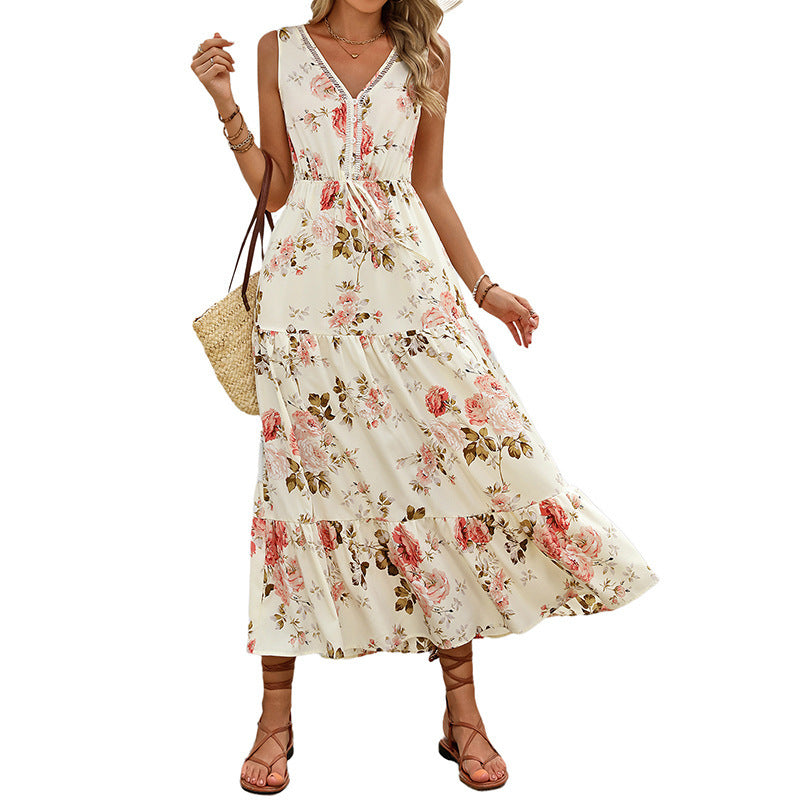Dames Maxi Jurk – A-lijn Pasvorm – Bloemenprint – V-hals Kant – Taillekoord